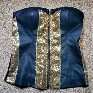 Rue21 Black PU and Gold Sequin Corset Top